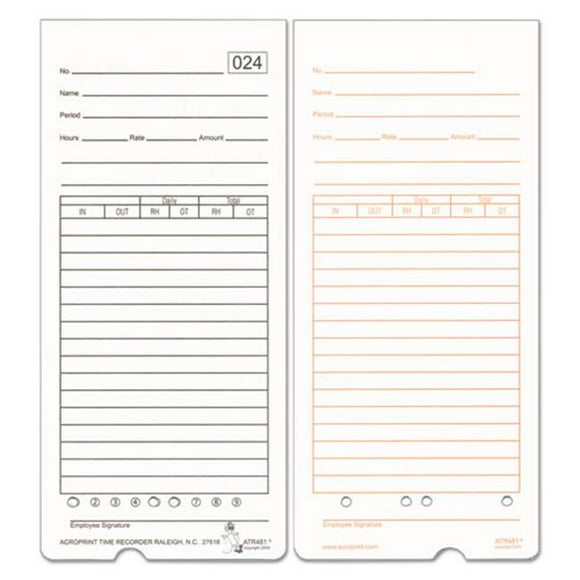 Acroprint Time Recorder 99115000 7.5 x 3.35 in. Card for ATR480 Totalizing Electronic Time Clock, White