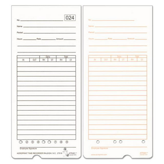 Acroprint Time Recorder 99115000 7.5 x 3.35 in. Card for ATR480 Totalizing Electronic Time Clock, White