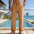 thumbnail image 2 of ‌Men's Linen Pants Lightweight Drawstring Elastic Waist Pockets Loose Fit Straight Legs Summer Beach Yoga,S, 2 of 5