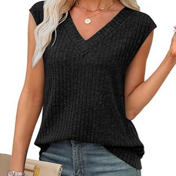 Womens Summer Sleeveless V Neck Sweater Vest Oversized Ribbed Knit Shirts Gifts