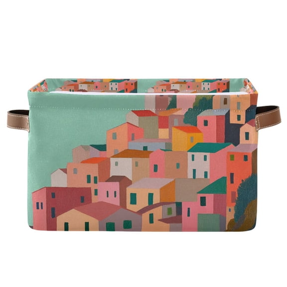 Yayeee Canvas Storage Basket with Handles for Shelves Fabric Bins Closet Organizer, Cityscape Painting