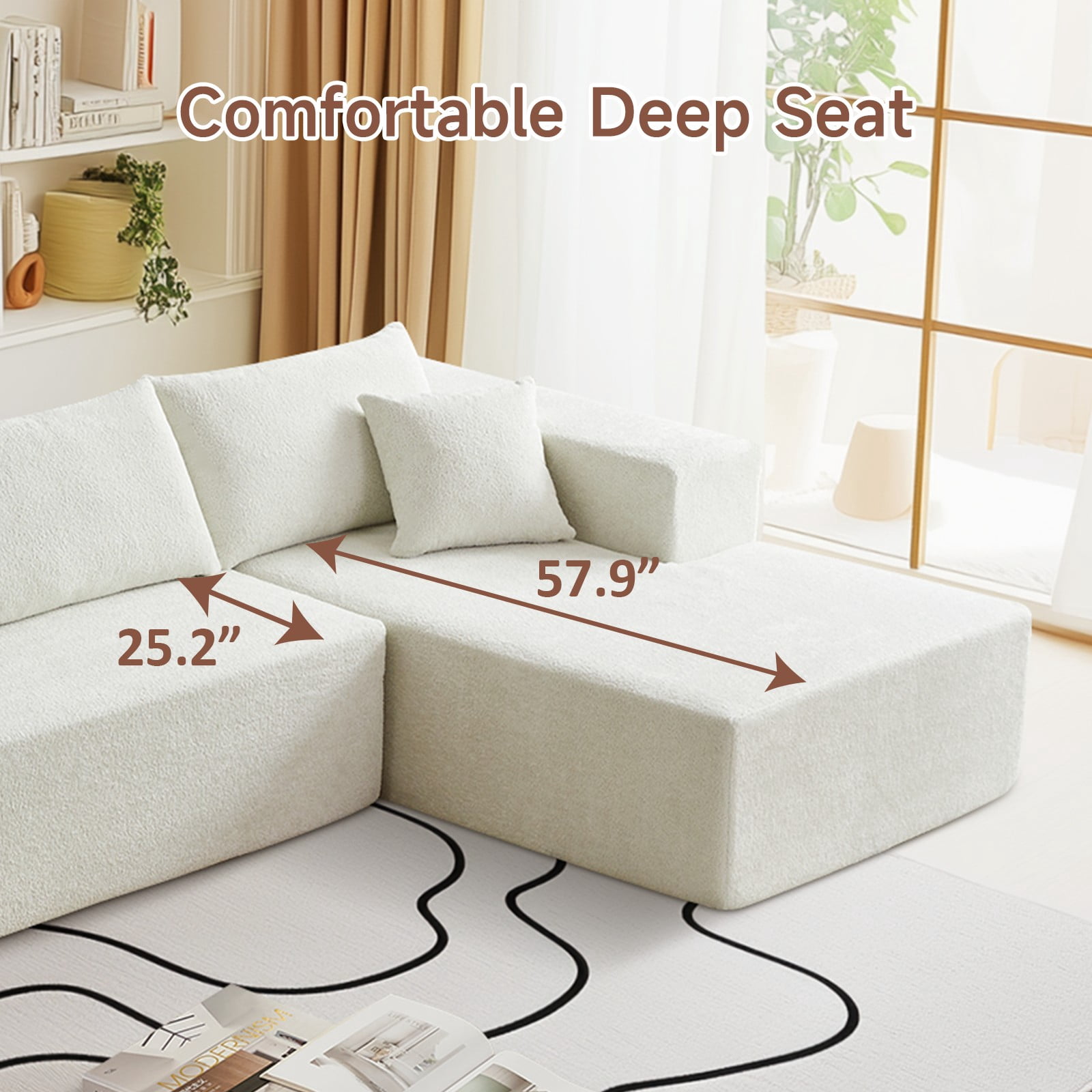 Vinform 103.54 Inch Velvet Sectional Sofa, Modern L-Shaped Modular Sofa with High-Density Foam (Includes Chaise Lounge and Throw Pillows), Upholstered Cloud Sofa for Living Rooms(Beige/Right Side)