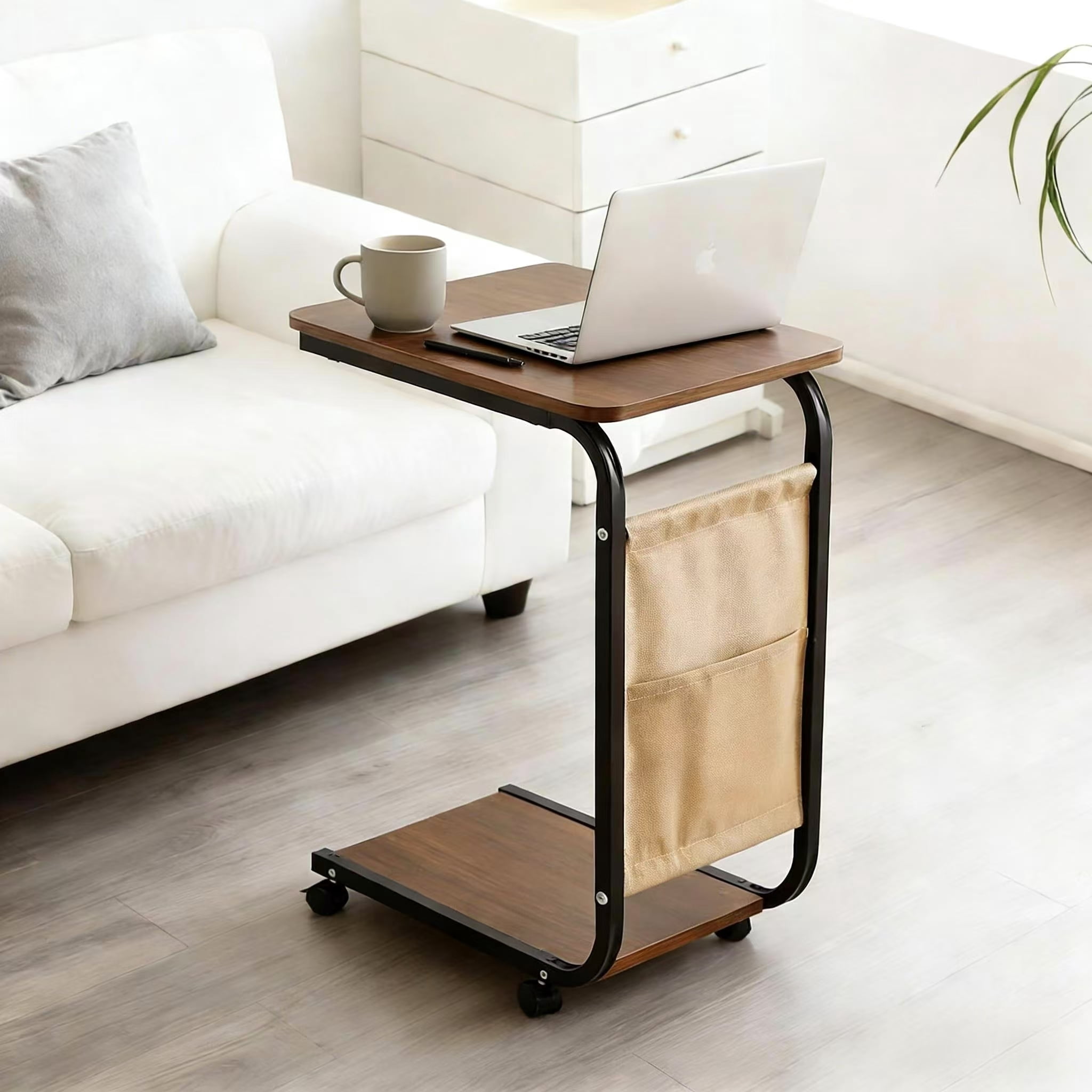 Howcool C-Shaped End Table with Wheels, 25.1" Mobile Sofa Side Table Slide Under Couch, Double Layer Storage & Side Pocket, Space Saving Brown for Living Room Bedroom, 2-Pack