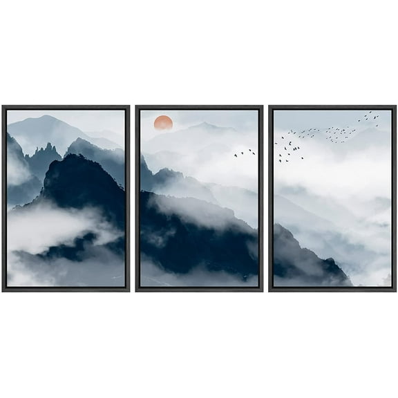 IDEA4WALL Framed Canvas Print Wall Art Set Aerial View Pastel Mountain Range Nature Wilderness Modern Art Decorative Landscape Rustic for Living Room, Bedroom, Office - 24"x36"x3 Black