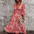 thumbnail image 2 of Women's Spring Summer Dress Deep V 3/4 Long Sleeve Dress Ruffle Hem & Trim, 2 of 2