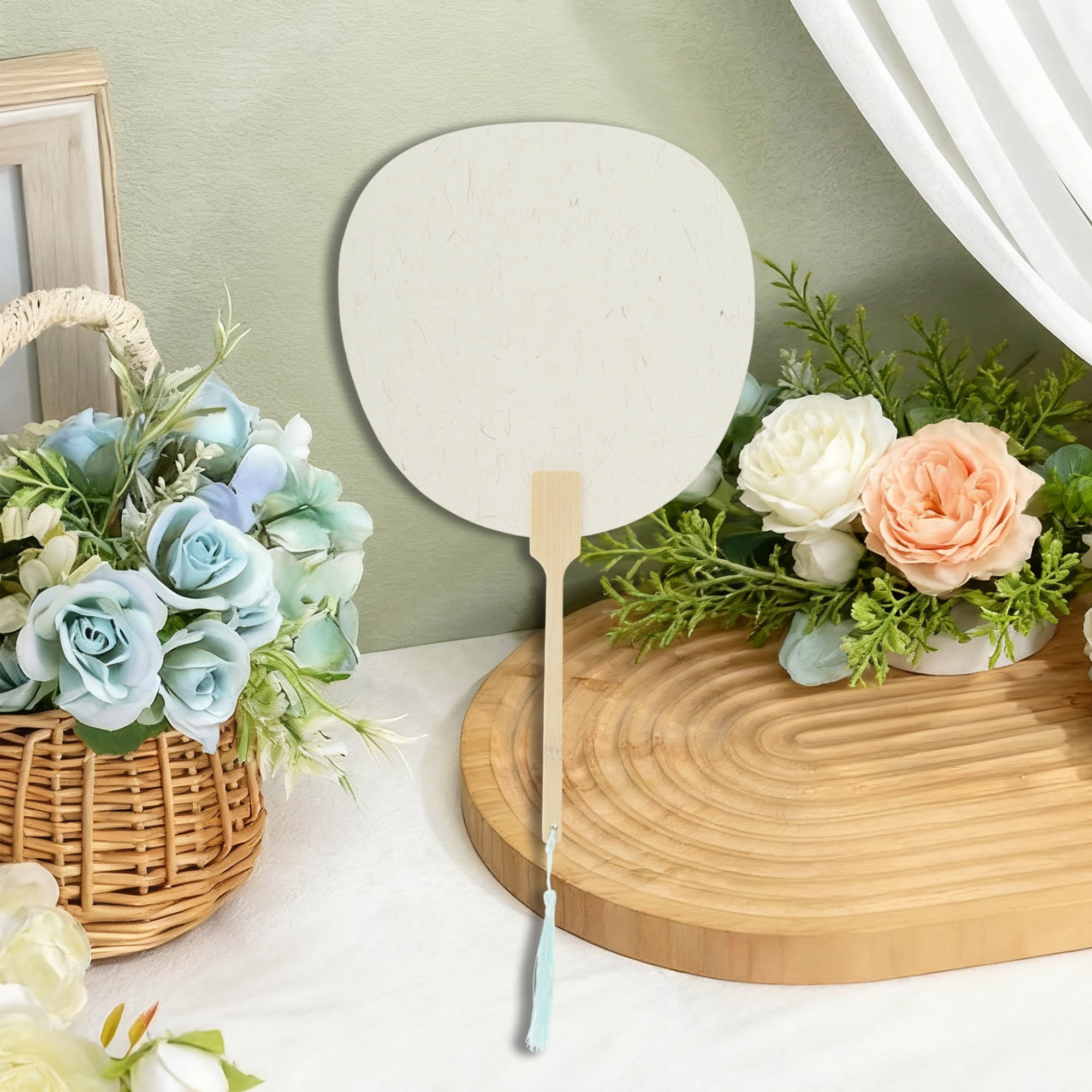 Unique Bargains Folding Fan 1 Pcs Light Gray, White Long Handle Round Paper