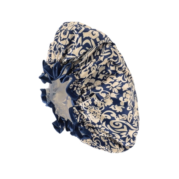 Vocoste Women Double Layer Flowers Shower Cap for Bathroom Vacation Travel Satin PEVA Navy Blue 1pc