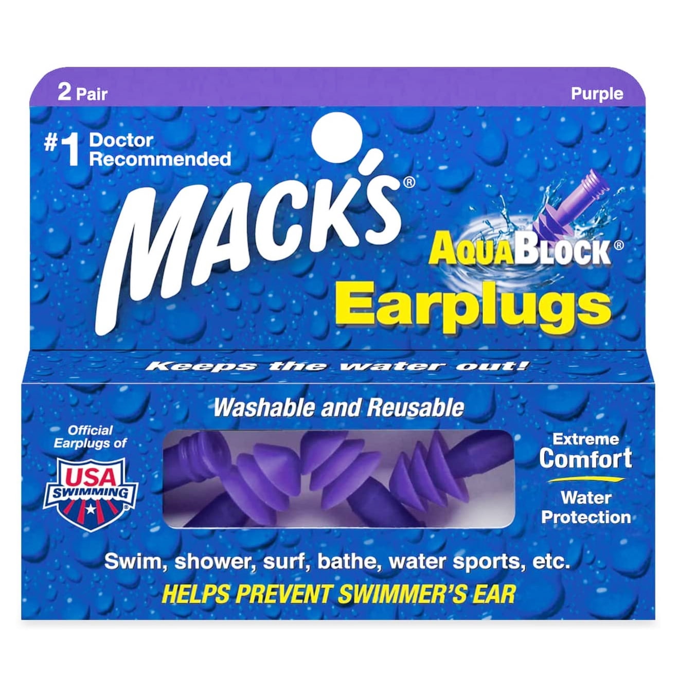2 pair Purple Mack's Aqua Block Earplugs 
