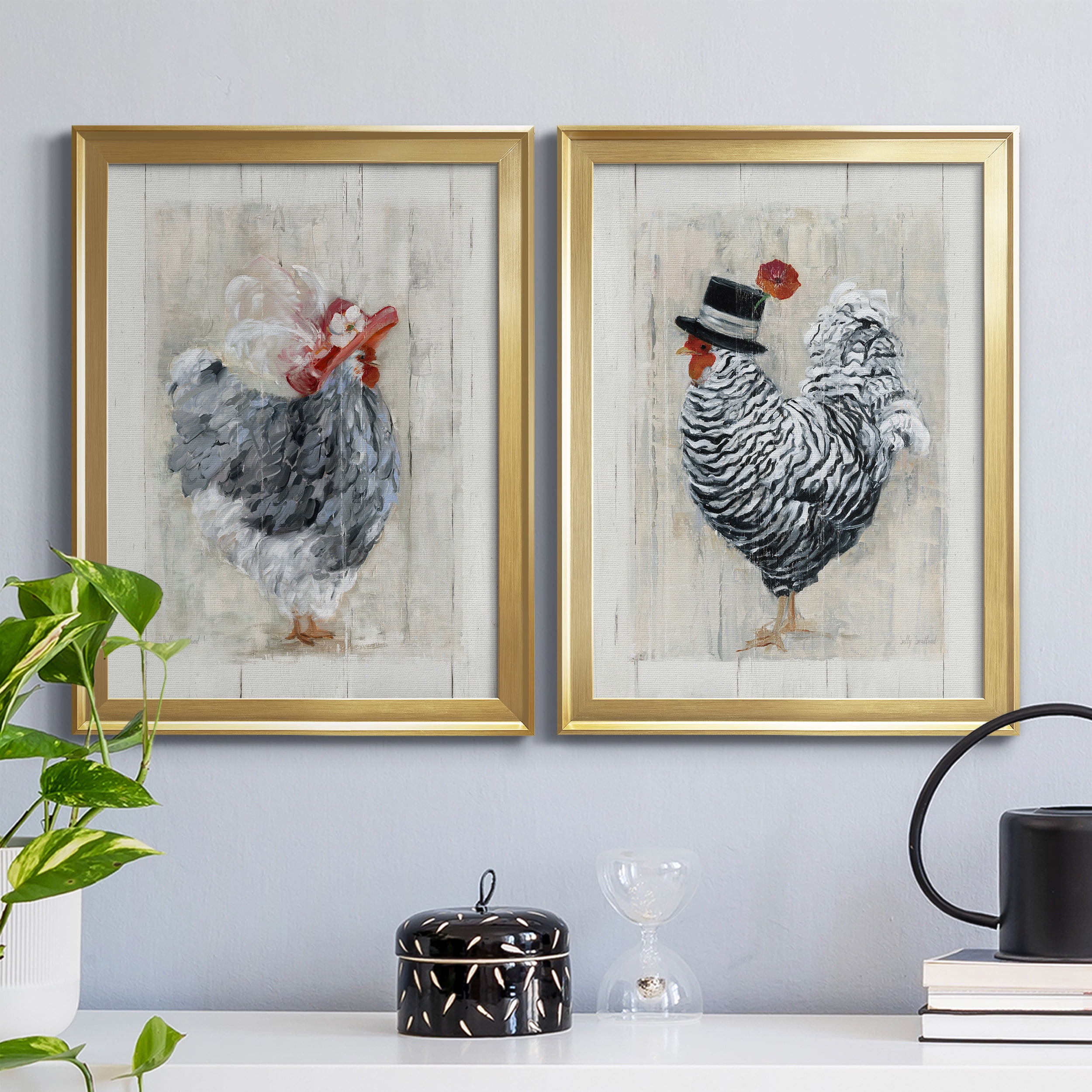 2 Piece Set Sunday Best Hen Premium Framed Canvas - Ready to Hang - 18.5 x 24.5 Each - Gold Frame