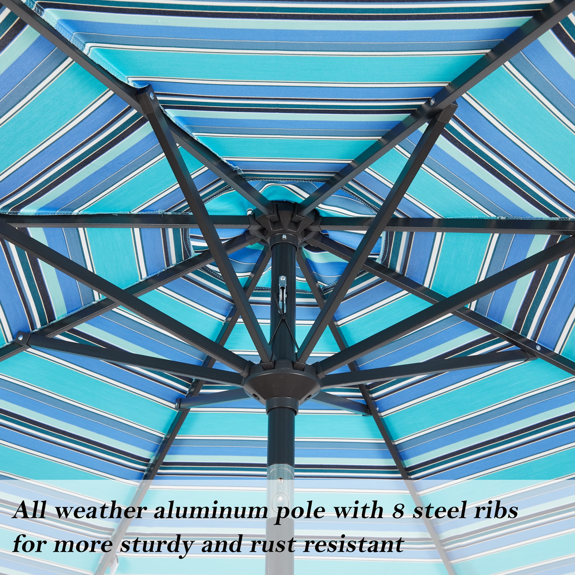 Iwicker 9Ft Patio Umbrella Sunbrella Outdoor Aluminum Market Umbrella with Crank and Push Button Tilt, Blue Stripe
