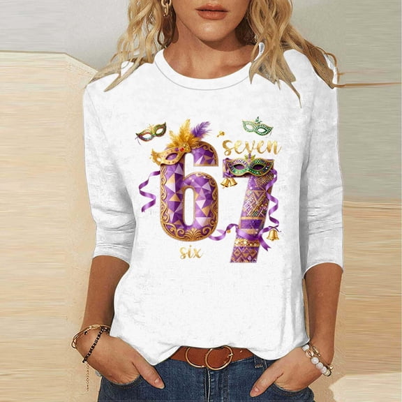 67 Six Seven Letter T-Shirts For Women T-Shirts Casual Women'S 67 Carnival Printed Winter Round Neck Three Quarter Sleeve Top White Xxxl