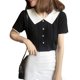 thumbnail image 1 of Guardurnaity Camisa de punto de manga corta con solapa para mujer, camiseta con bloque de color y botones, blanco Prendas para la parte del cuerpo Negro, 1 of 6