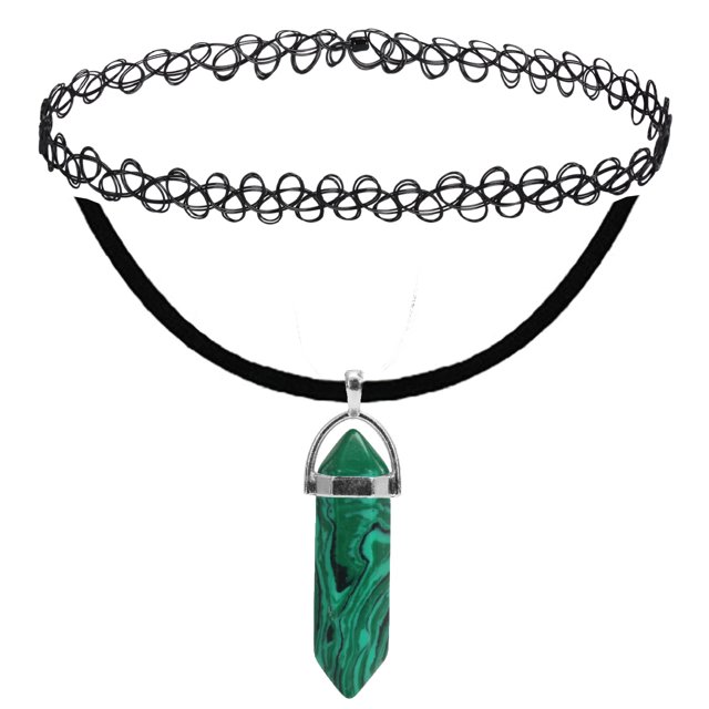 BodyJ4You 2PC Choker Necklace Set Henna Tattoo Layered Marble Green Color Stone Pointed Bead Pendant