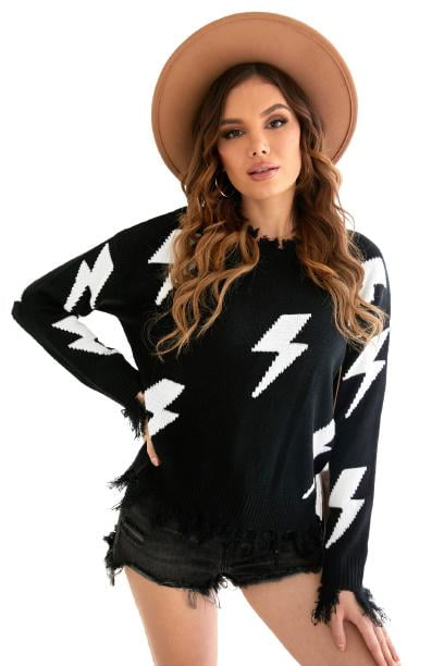 Women Black Distressed Knit Bolt 