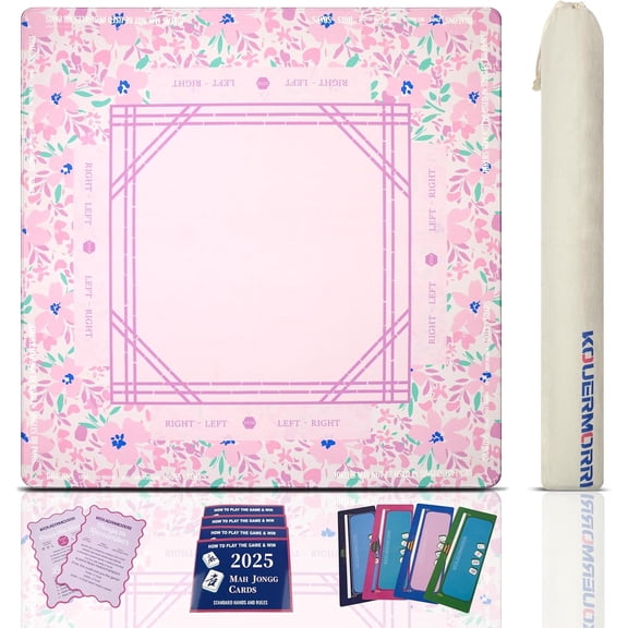 Pink Mahjong Rubber Mat Set 32.6"x32.6" – Complete Set with 4 Playing Instructions, 2 Tile Mixers, 4 Line Finders, Anti-Slip Silent Waterproof Foldable for Mahjong & Card Games