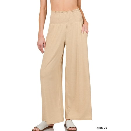 Zenana Women & Plus Smocked Wide Waistband Flared Bottom Casual Lounge Gaucho Pants price history on PriceWatchPro