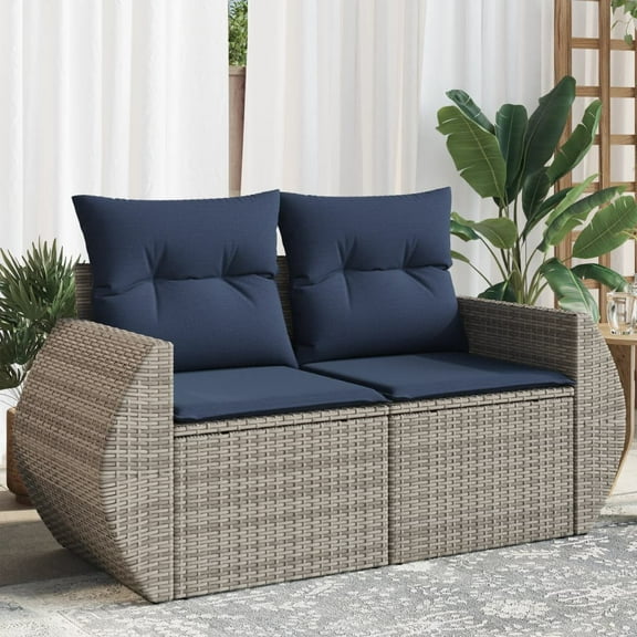 vidaXL Patio Sofa with Cushions 2-Seater Gray Poly Rattan