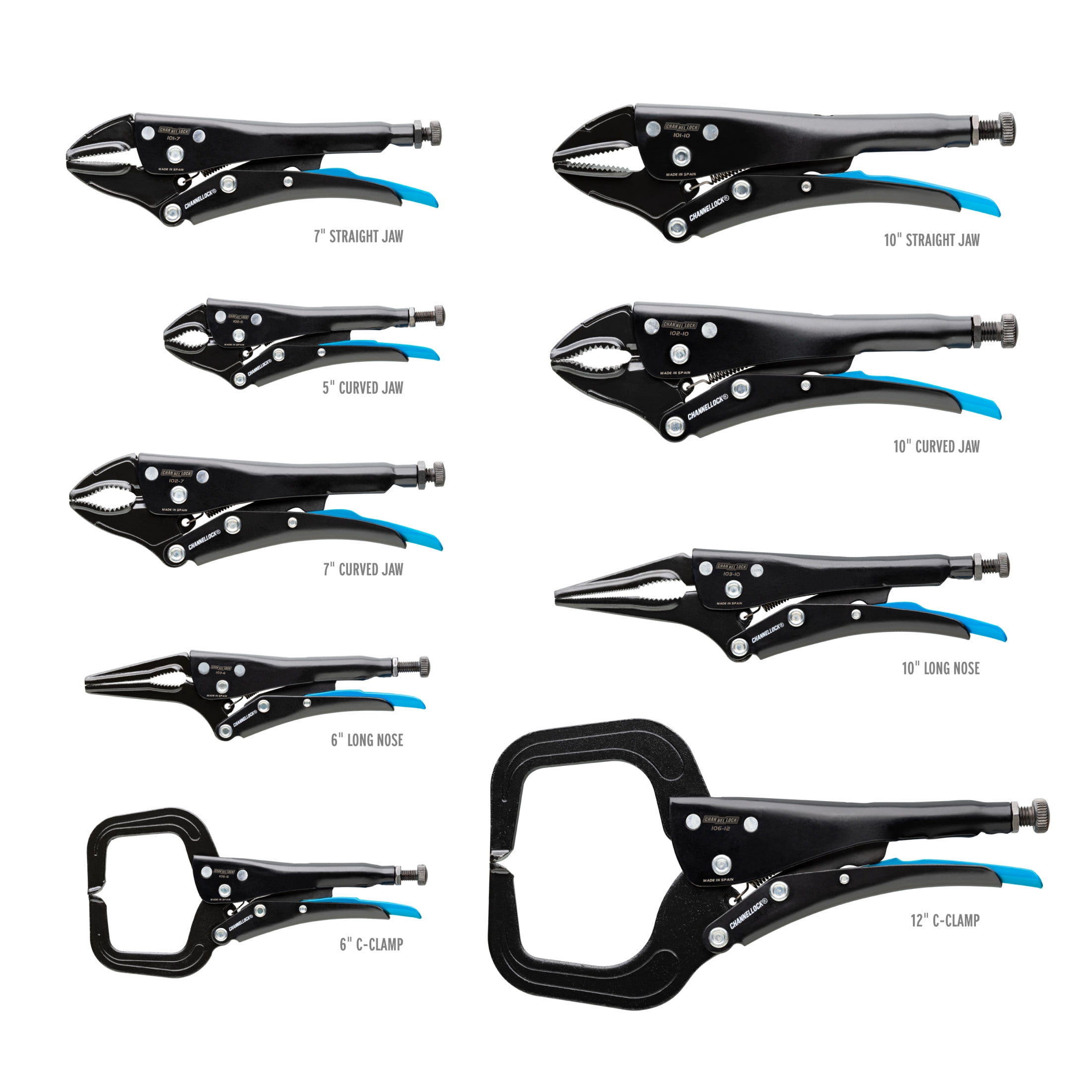 CHANNELLOCK Locking Pliers Set with Tray, Includes 3 Curved Jaw, 2 Combination Long Nose, 2 C-Clamp, and 2 Straight Jaw, 9 pieces (PC-L1)