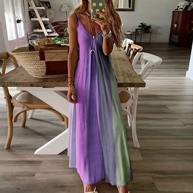 HKEJIAOI Liquidation Robes de Sortie pour Femmes Cadeau de la Saint-Valentin Robe Longue Sans Manches à Rayures Amples Col en V Robe Maxi Violette
