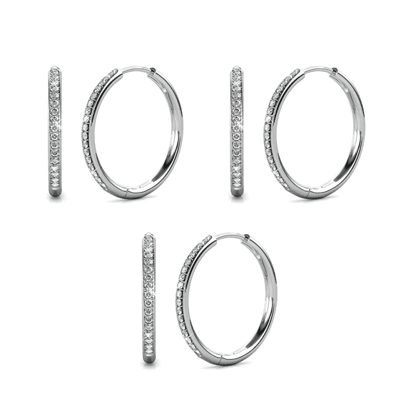 Cate & Chloe Pack of 3 - Bianca 18k White Gold Plated 25mm Hoop Earrings with Swarovski Crystals for Women