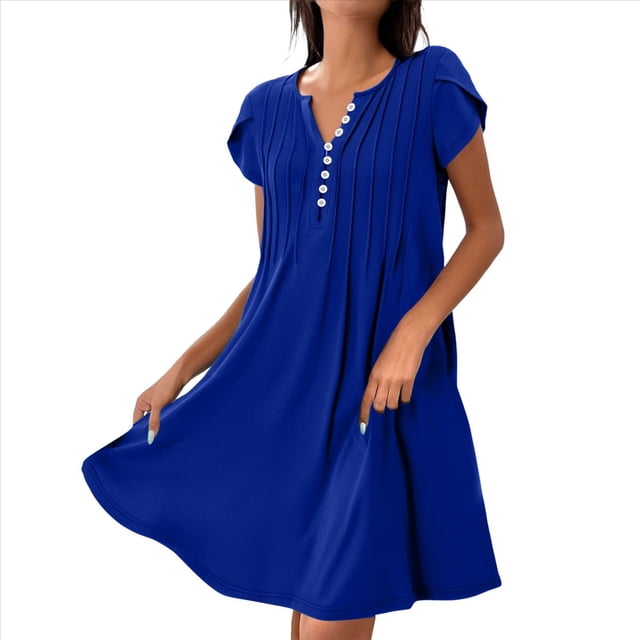 Vestido de Verano para Mujer, Corta, Cuello en V, Holgado, Informal, Plisado, Túnica Larga, para Playa, Azul, Talla XL