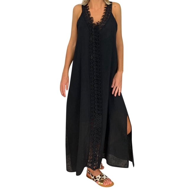 CieKen Robe Longue Sans Manches à Épaules Dénudées en Dentelle Patchwork pour Femmes Grande Taille
