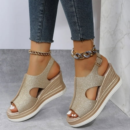 

Akiihool Womens Sandals Flat Elastic Sandals for Women Summer Casual (Gold 8)