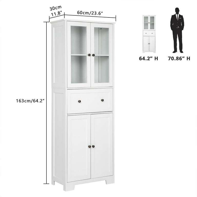 Ktaxon 64 Tall Bathroom Storage Cabinet Organizer, Freestanding Kitchen  Pantry Cabinet Line Tower with 2 Glass Doors, Large Drawer & 4 Adjustable  Shelves for Dining Room Living Room Home Office,White - ktaxon