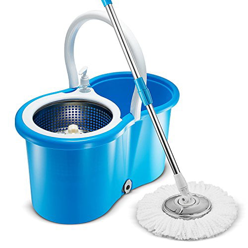 360 Degree Rotating Spinning Spin Mop Bucket Adjustable Handle 2 Cleaning Heads 