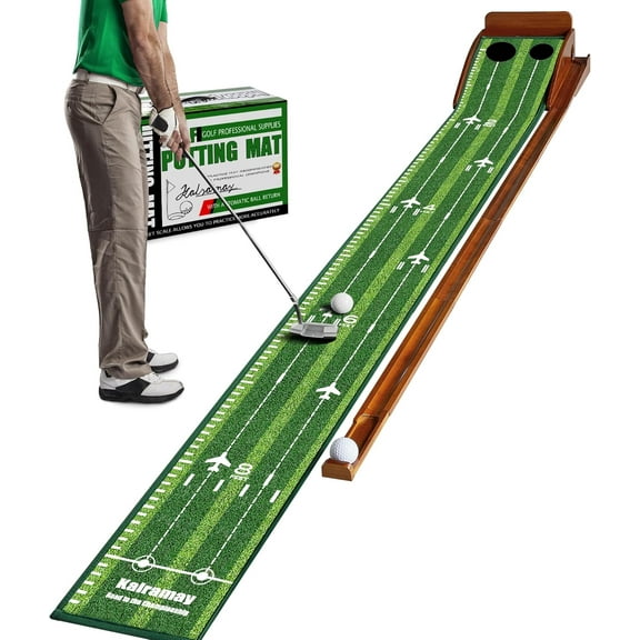 Golf Putting Mat Indoor Automatic Ball Return Solid Wood Base Wrinkle-Free Green Portable