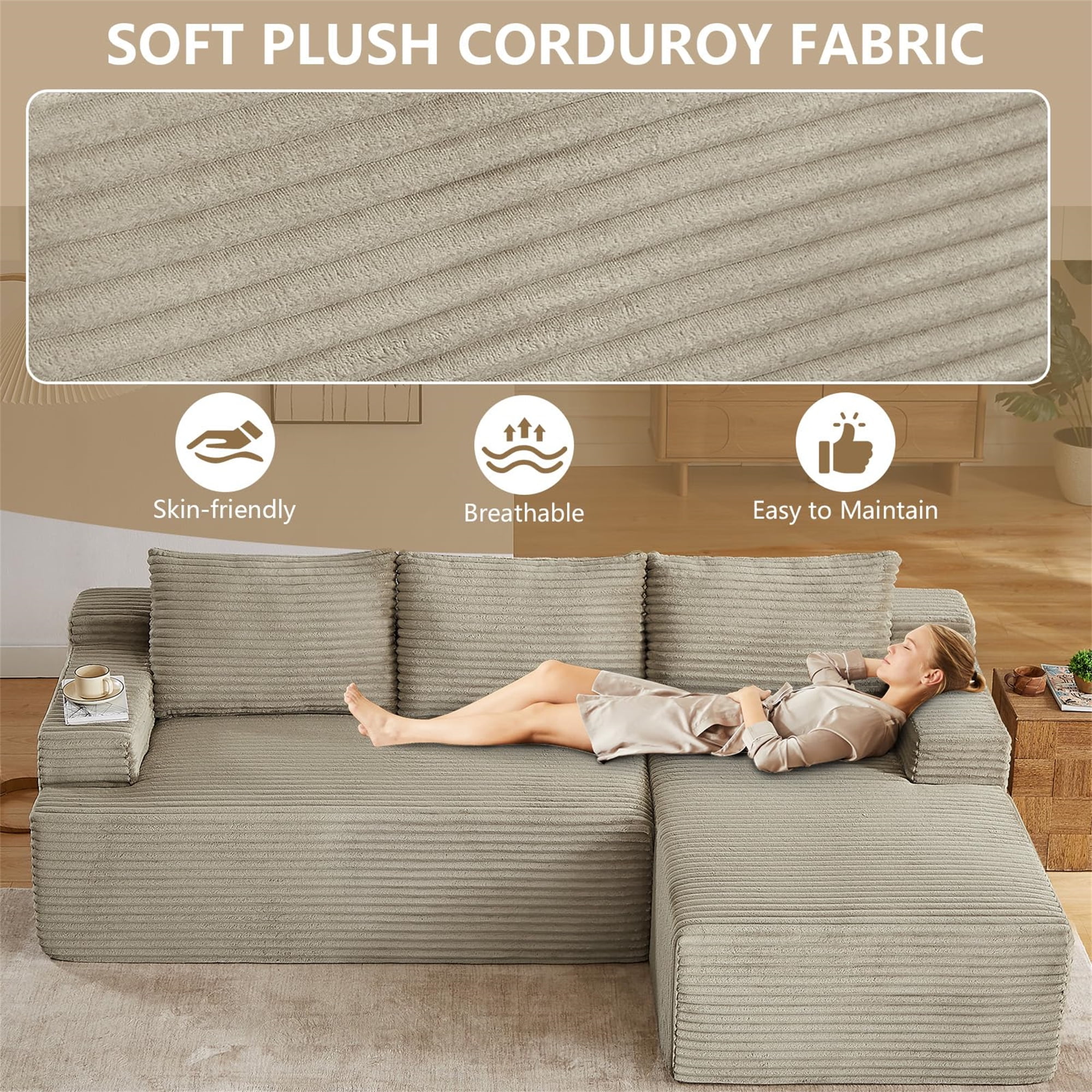 Aukfa 95" Cloud Sectional Sofa Boneless Couch Modular Sofa Bed for Living Room, 2 Side Pockets, Right Chaise, Camel