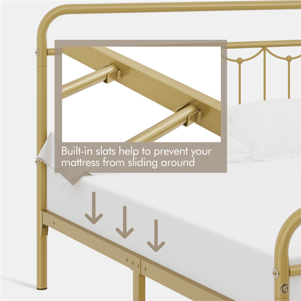 Alden Design Metal Platform Full Bed with Vintage Headboard, Adult, Antique Gold