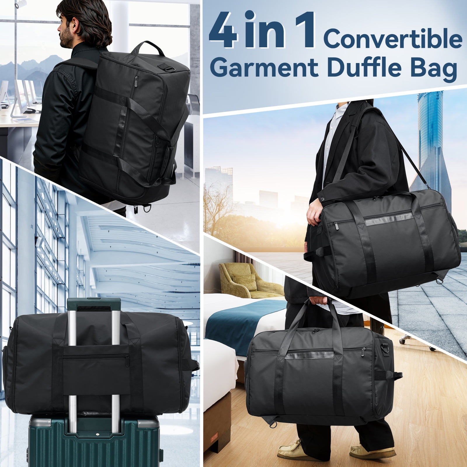 HONEIER Garment Bag for Travel 4 in 1 Waterproof Travel Suit Bag with Shoulder Strap Convertible Garment Duffel Bag with Shoe Compartment for Men Women, Carry on Luggage Bags Gym Bag, Black, 55L