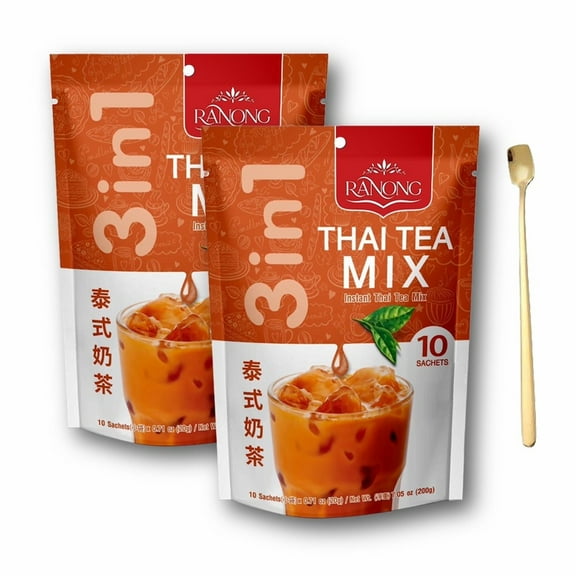 Ranong Instant Thai Tea 3-in-1 Tea Mix (10 X 20g.) 7.05 Oz. X 2 with Bonus Gift Stainless Steel Stirring Spoon (3-Pc Set)