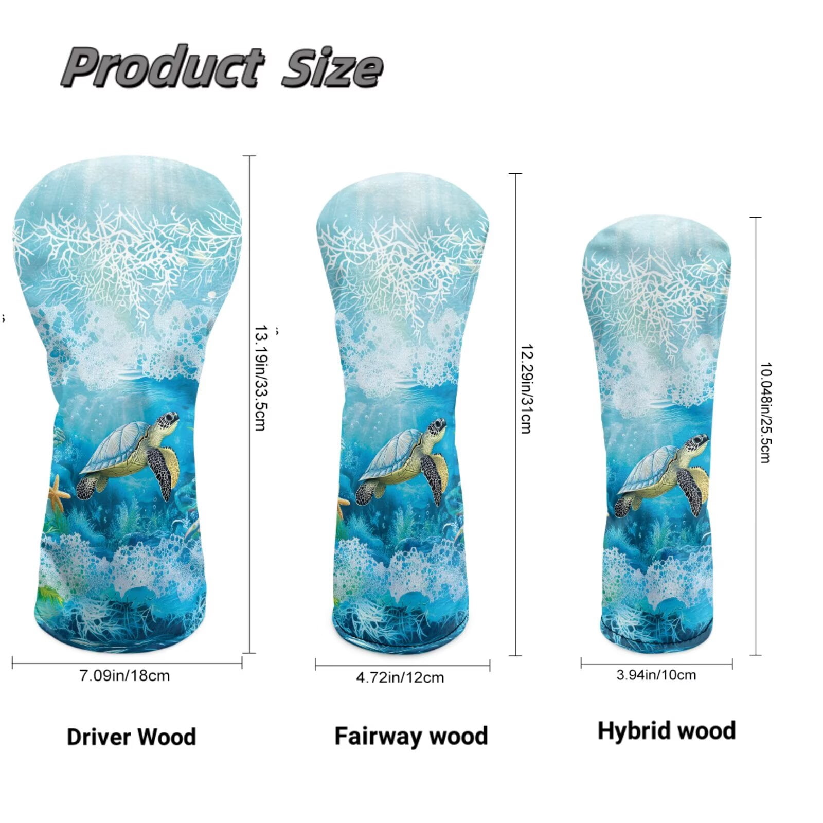 Uorisanigo Golf Club Head Covers Waterproof PU Leather Driver/Fairway/Hybrid Headcovers with Double Elastic Band for Most Brand, Boho Sea Turtle Headcovers for Club Protective