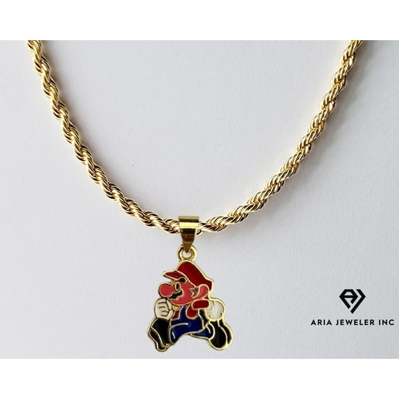 14k Bonded Gold Necklace with Mario Pendant, Best Christmas Unisex Gift for Women, Men Mother, Father, Girlfriend, Boyfriend, Her, Him, Rope Chain with Charm by Artisan Jeweler