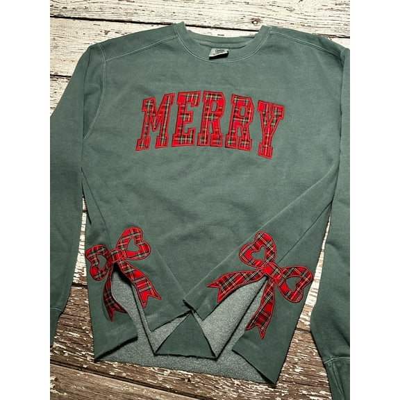 Plaid Christmas Sweatshirt Side Bow Merry Cut-Out Coquette Bow Pullover Merry Christmas