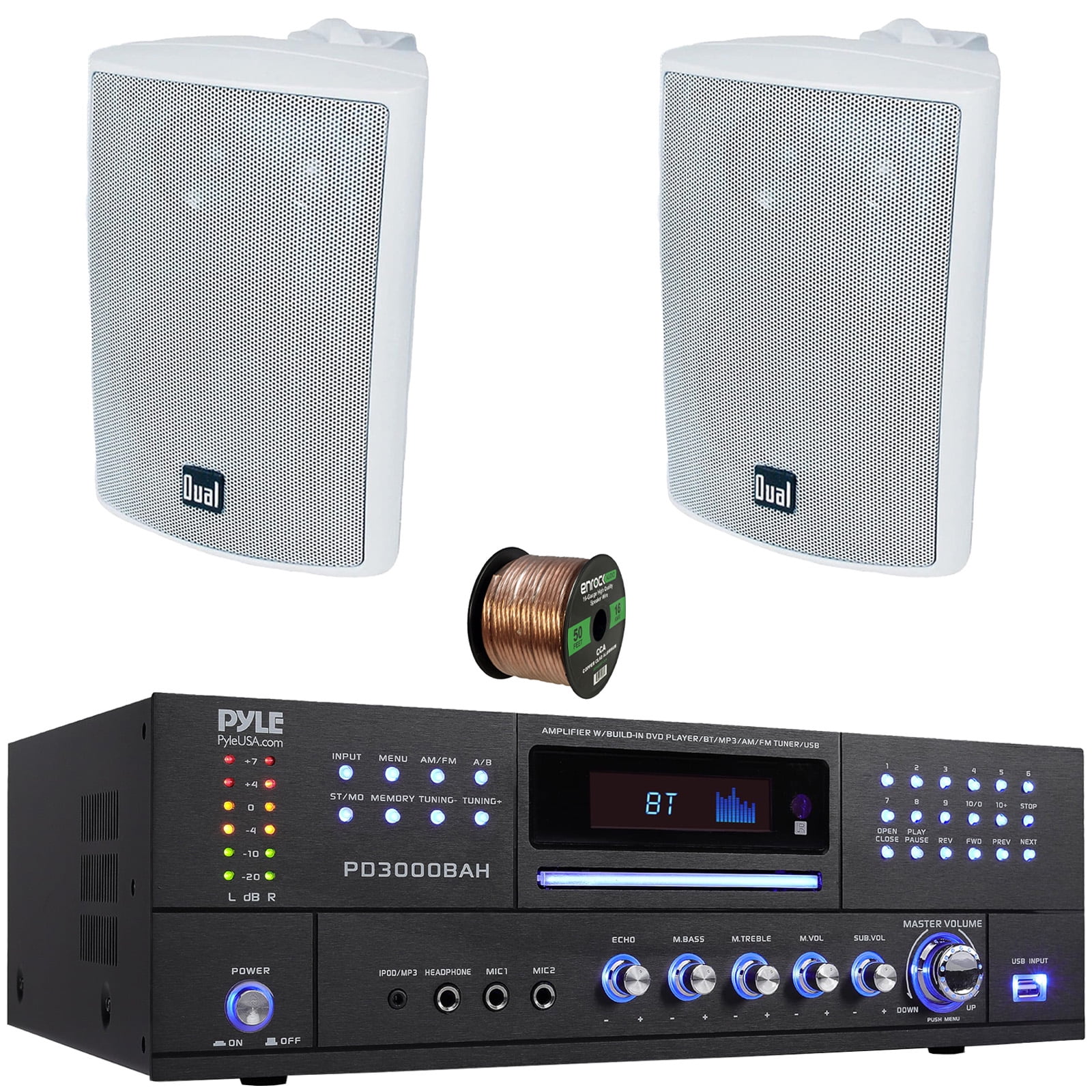 Pyle PD3000BAH 4-Channel 4000W Bluetooth Home Audio Amplifier Receiver – HDMI, USB, FM Radio, CD/DVD Player 2 Microphone, 2x 4" 200 Watts Max Power 3-Way Indoor/Outdoor White Speakers W/50 Feet Wire