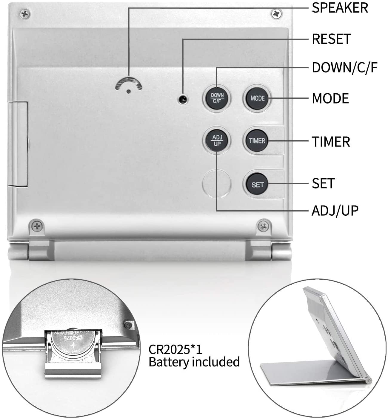 Digital Travel Alarm Clock - Foldable Calendar Temperature Timer LCD Clock with Snooze Mode - Large Number Display, Battery Operated - Compact Desk Clock(Silver, No Backlight)
