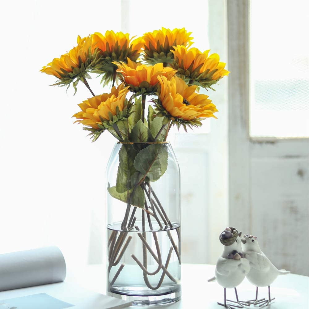 Vintage Sunflowers Artificial Flowers 7 Faux Silk Sunflowers Bouquet Fake Real Touch Long Stems Floral for Wedding Party Centerpieces Home Decoration(Gold)