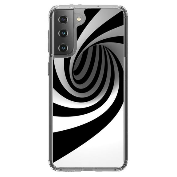 DistinctInk Clear Shockproof Hybrid Case for Galaxy S21 5G (6.2" Screen) - TPU Bumper, Acrylic Back, Tempered Glass Screen Protector - Black White Swirl Vortex Geometric