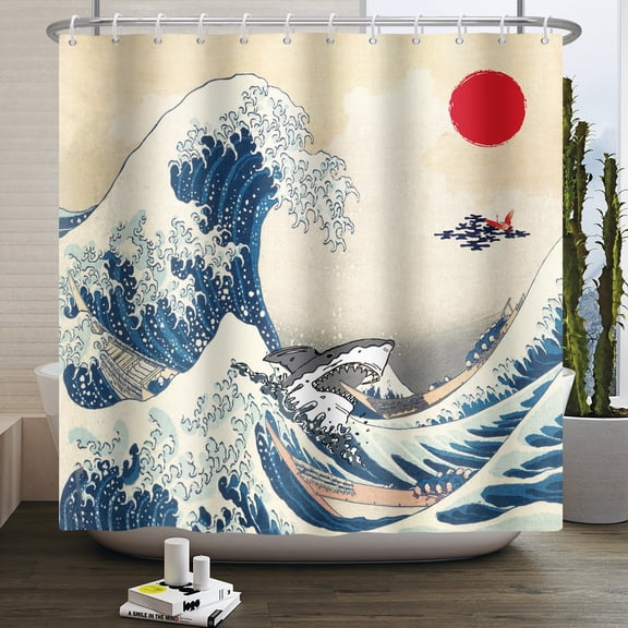 Pbobriich Japanese Style Shower Curtain for Bathroom,Vintage Red Sun Waves Bath Curtain with Hooks,72"x72"