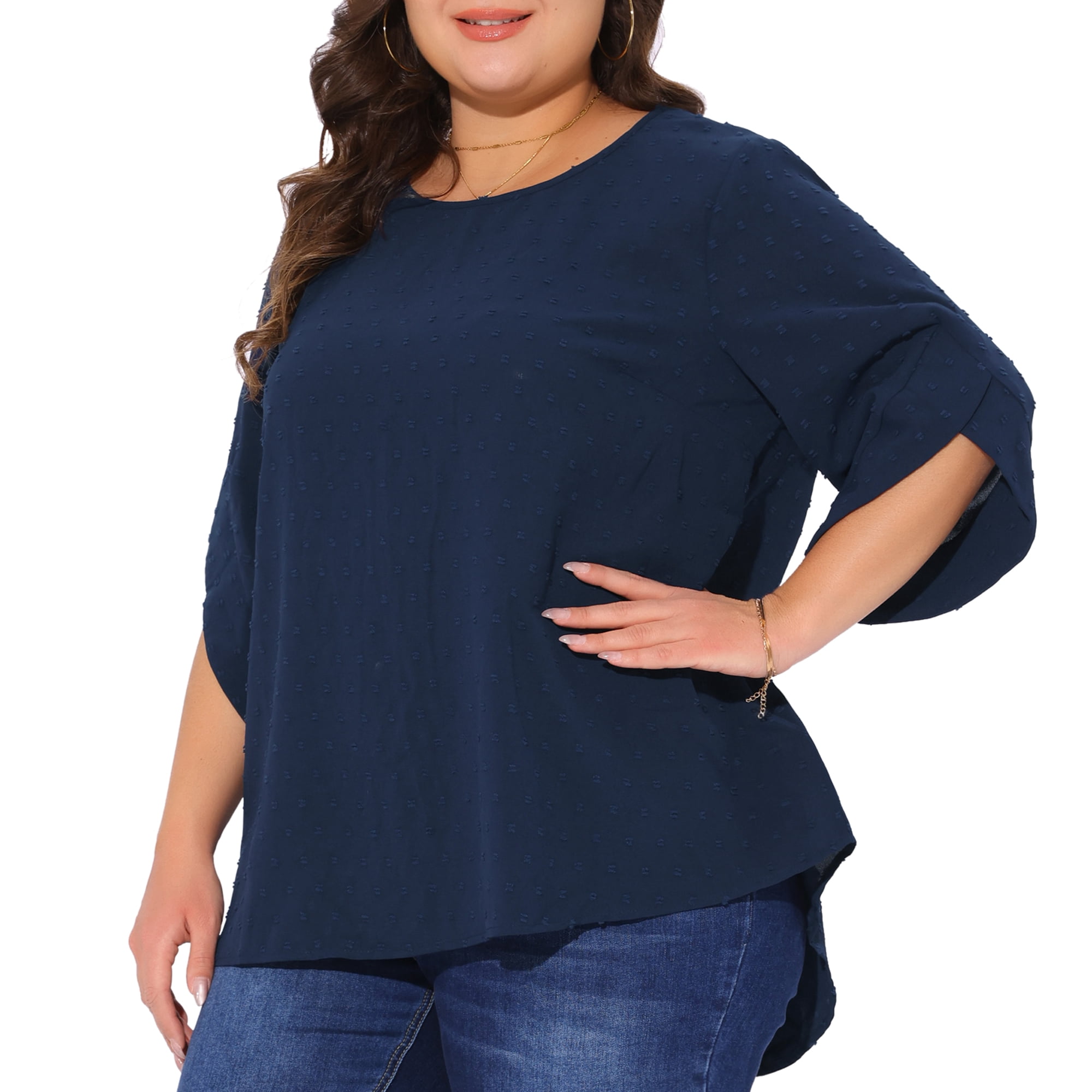 DARING DIVA Women's Plus Petal Sleeve Swiss Dots Blouse T-Shirt Tops 2X Navy Blue