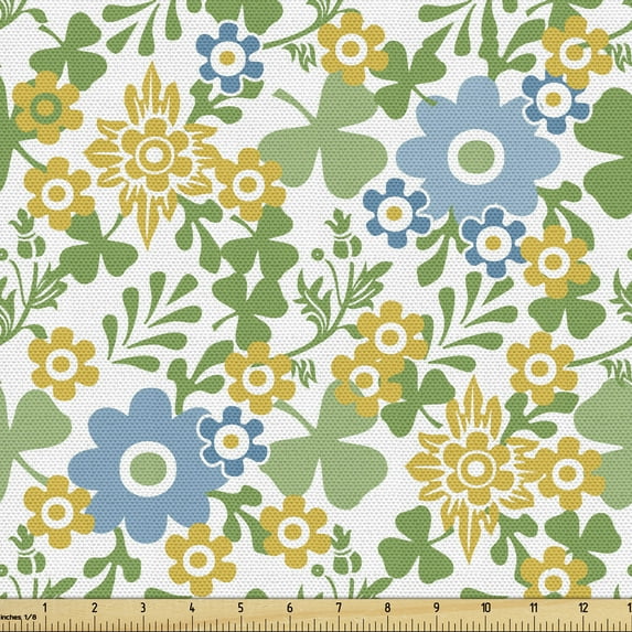Floral Upholstery Fabric by the Yard, Graphically Arranged Flower Petals on a Plain Background Garden Art, Decorative Fabric for DIY and Home Accents, Green Blue and Earth Yellow by Ambesonne
