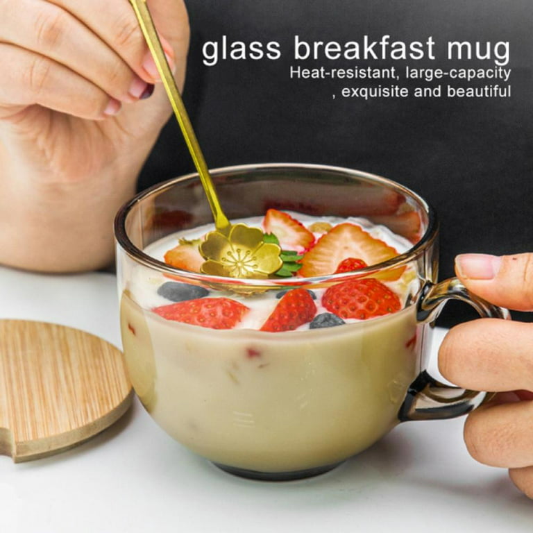 17 oz Glass Coffee Mugs with Handle Clear Amber Milk Cup Wide Mouth Large  Glass Mugs for Breakfast Cereal Desserts Tea Beverage Oats Yogurt Cappucino  