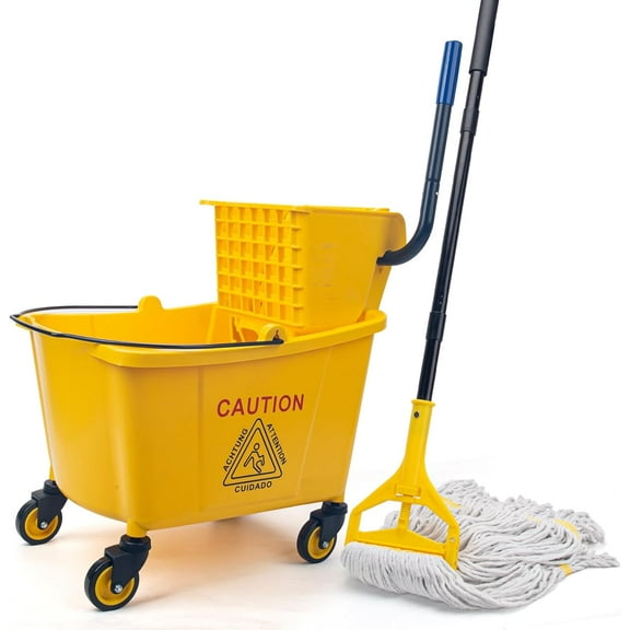35 Quart Commercial Mop Bucket with Side Press Wringer on Wheels,Yellow,Include Heavy Duty Industrial Mop for Floor Cleaning,Household,Business,Restaurants and Janitorial Use