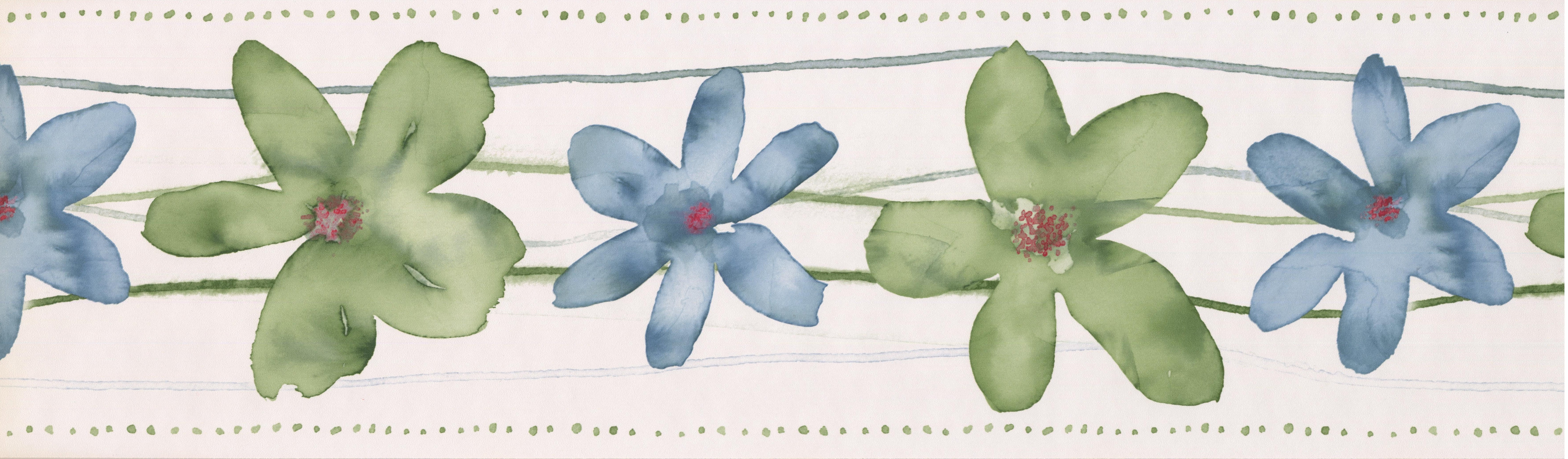 Green Cerulean Blue Flowers Bathroom Floral Wallpaper Border Paint by Design, Roll 15' x 7 ...