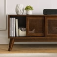 thumbnail image 4 of 59" Mid Century Modern Rattan TV Stand for 65 Inch TV, Entertainment Cabinet with Solid Wood Feet, 1 Cord Holes and Rattan Cabinet Doors, Media Console for Living Room Bedroom Media Room, Walnut, 4 of 8