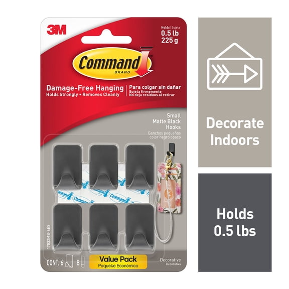 Command Small Matte Black Hooks, 6 Hooks, 8 Strips