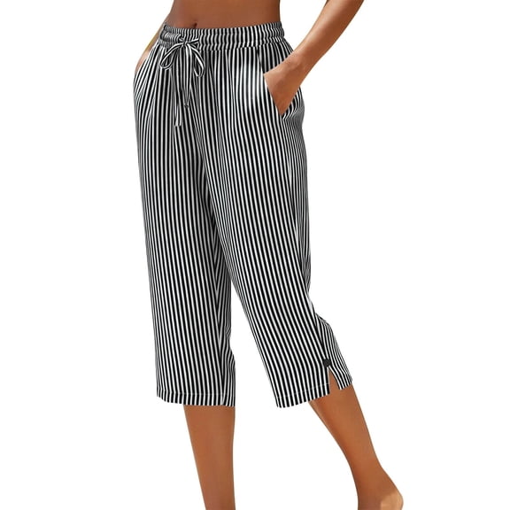 Summer Capris for Women New Stripe Capris for Women Lightweight Linen Loose Fits Capris Elastic Waist Straight Leg Casual Pants with Cropped Pockets